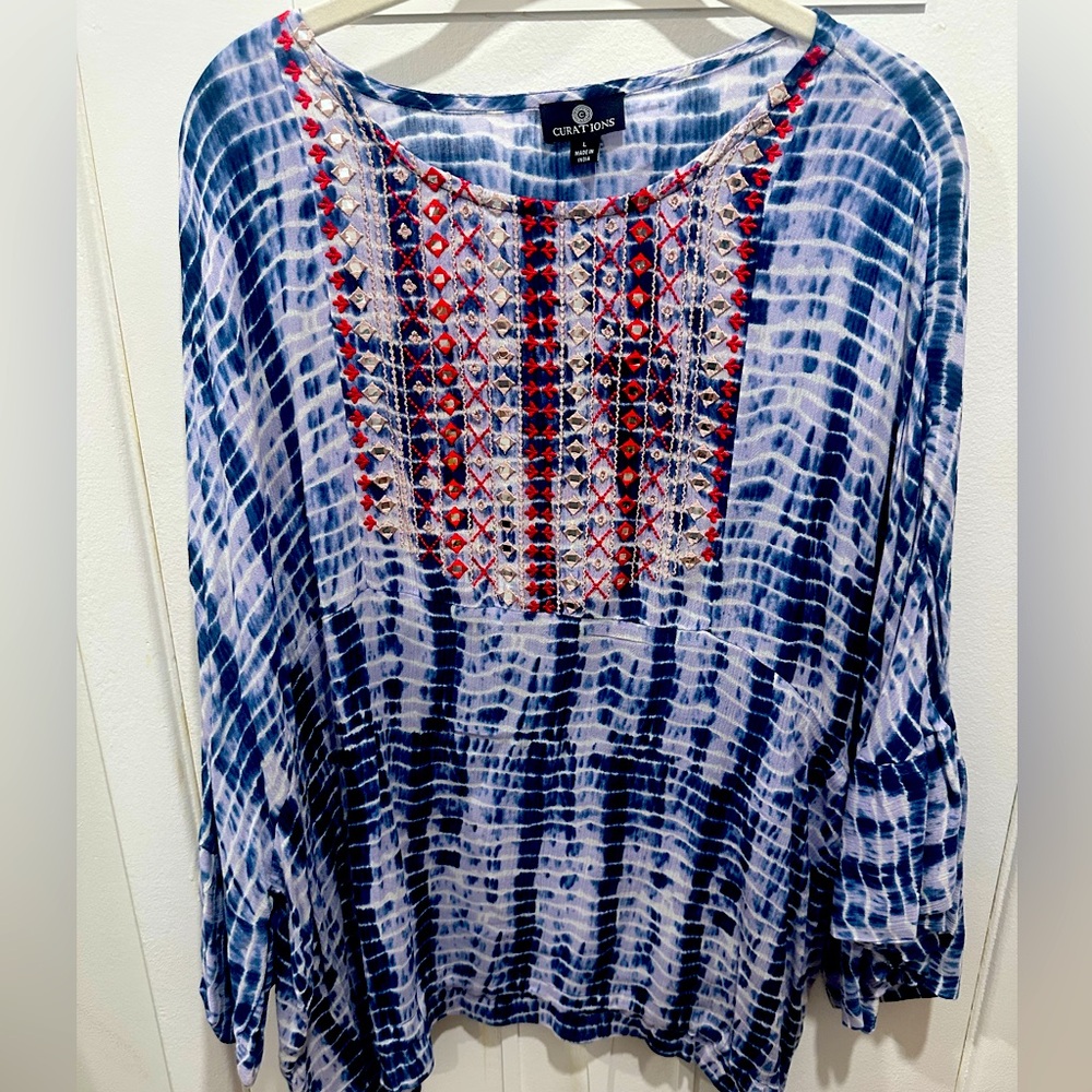 Curations BNWT Blue White Tie Dye Boho Peasant Style Blouse Top Size LARGE